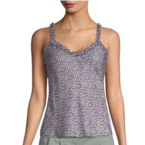 REBECCA TAYLOR 100% Silk Ditzy Floral Ruffle Tank Top XS Navy White Cottagecore - Picture 2 of 9
